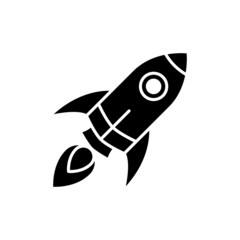 rocket vector icon with fire in black flat design on white background