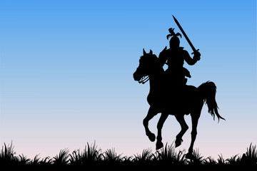 black silhouette of a medieval knight with a sword, galloping on a horse in a field, isolated image on the background of the dawn sky