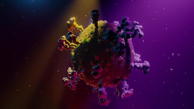 Rotating coronavirus covid19 loop. Microscope image. Cinematic color grading. 3D animation. One of series of clips.