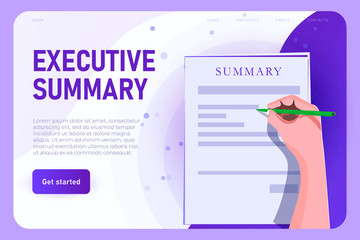 executive summary illustration concept, landing page template. Hand with pen signing the contract, hiring concept