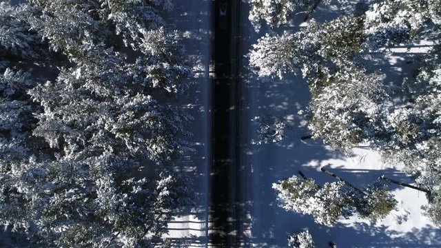 AERIAL DRONE TOP-DOWN ZENITHAL SMOOTH BACKWARD IMAGE OF COUNTRY ROAD IN THE MIDDLE OF A SNOWED WINTER FOREST