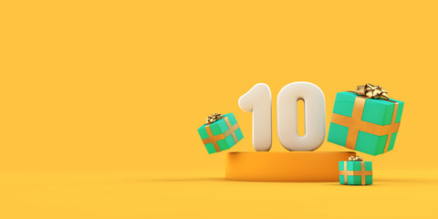 Happy 10th birthday number and gifts on a yellow podium. 3D Render