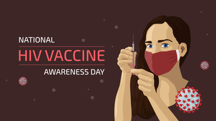 Detailed flat vector illustration of a woman with a face mask holding an experimental vaccine for HIV. Viruses floating around in the air. Feel free to also use only parts of the illustration.