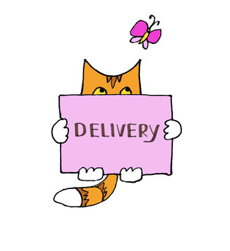 shipping. the red cat watches the butterfly and holds a pink box with the inscription Delivery. graphic.