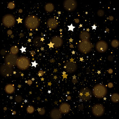 Gold bokeh, shiny glittering golden and silver stars confetti