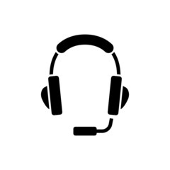 hotline support service icon, headphones icon in black flat design on white background