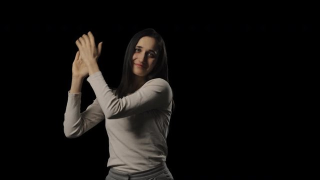 Young Indian woman applauding by clapping. Transparent isolated alpha channel background.