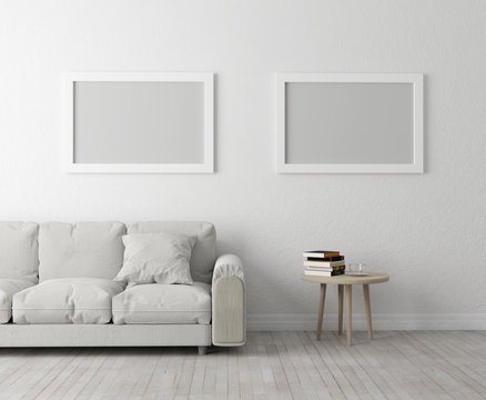 3D generated image mock up style with conterporary interior and framed card board on the wall