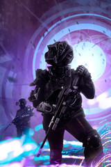 Robotic swat soldiers on a future city background.