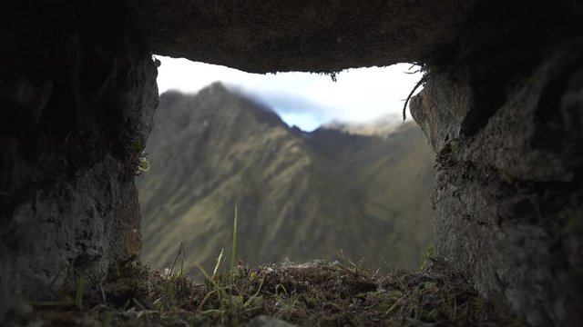 Mountains framed in stone, Inca trail. Cusco, Peru