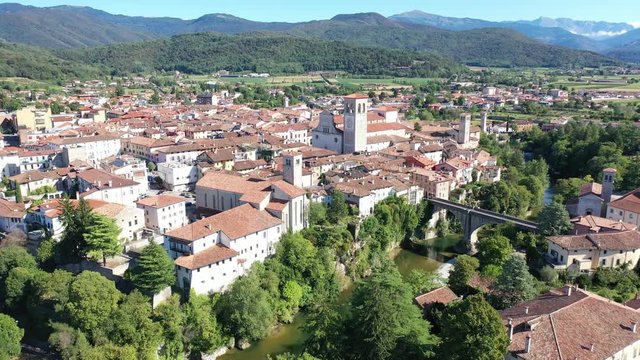 Picturesque aerial view of historic centre of Cividale del Friuli with Cathedral of Santa Maria Assunta on sunny autumn day, Italy