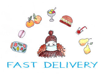 ginger girl in a medical mask and fast food delivery. graphic color drawing