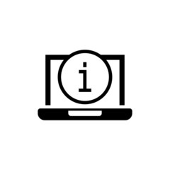 Laptop icon with information sign black flat style on white background, Notebook icon and about, faq, help, hint symbol 