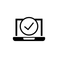 Laptop icon with check sign in black flat on white background, Notebook icon and approved, confirm, done, tick, completed symbol 