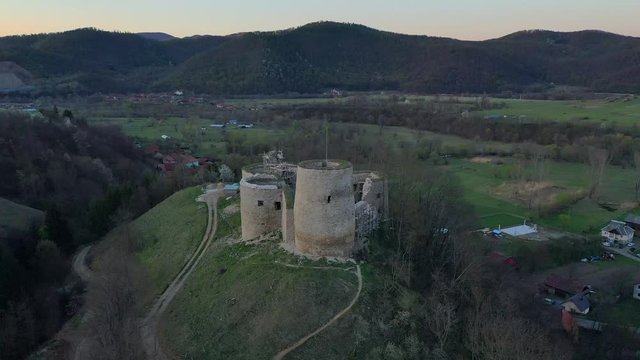 Bologa, Cluj/Romania-05.15.2019-Aerial view over Bologa fortress-a settlement from the time of the Roman Empire when it was called Resculum.The fortress is in the process of renovation with EU fonds