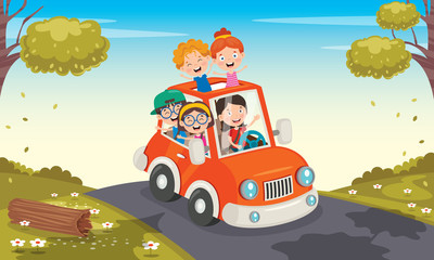 Obraz na płótnie Canvas Cartoon Characters Travelling With Vehicle 
