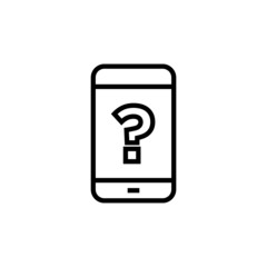 Smartphone or phone receiving message icon with question mark, help, how to, info, query symbol in outline style on white background,