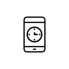 Smartphone or phone receiving message icon with clock sign, countdown, deadline, schedule, planning symbol in outline style on white background,