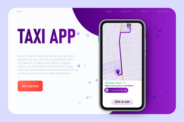 get taxi app illsutration concept, online map on the tablet, GPS on the city map. Isometric website app. Landing web page template