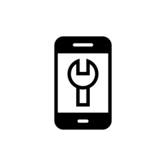 Phone repair service icon in black flat design on white background, linear style sign for mobile concept and web design, Smartphone with tool box outline vector icon