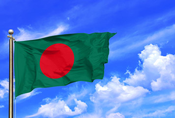 Bangladesh National Flag Waving In The Wind On A Beautiful Summer Blue Sky