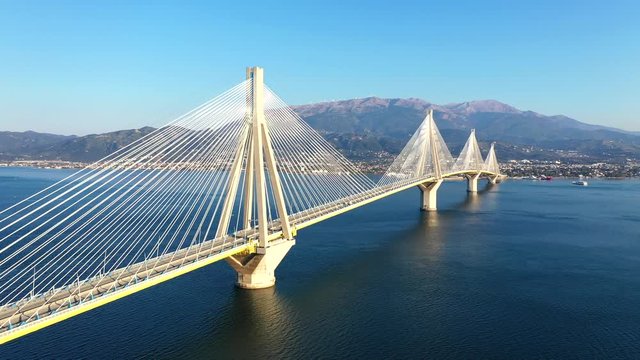 4k footage of Suspension bridge crossing Corinth Gulf strait, Greece. Is the world's second longest cable-stayed bridge