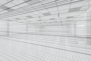 Capacious empty room with sketch drafting, business background, 3d rendering.