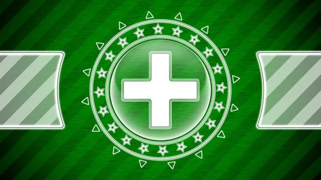 Plus icon in circle shape and green striped background. Illustration.