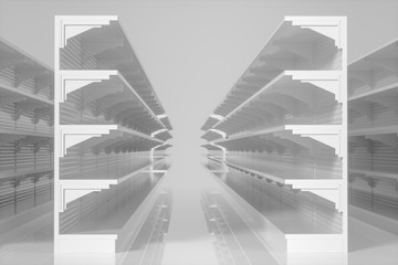 Empty supermarket shelves with white background, 3d rendering.