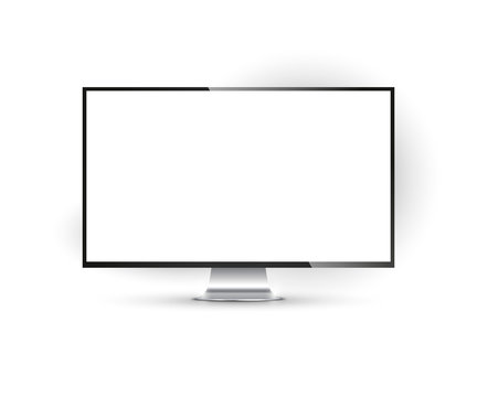 Realistic thin frame computer monitor, high detailed 3d realistic desktop monitor with blank screen for your design isolated on white background.