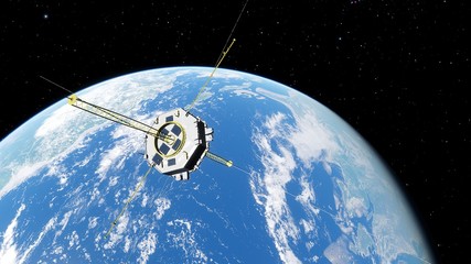 realistic satellite in orbit of the Earth, artificial satellite of telecommunications, satellite communications from Earth orbit, probe in Earth orbit 3d render