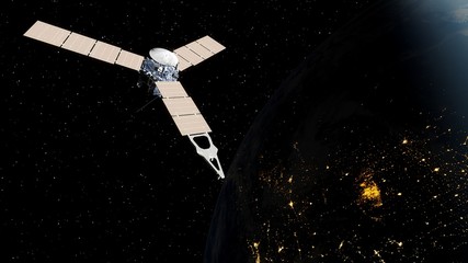 realistic satellite in orbit of the Earth, artificial satellite of telecommunications, satellite communications from Earth orbit, probe in Earth orbit 3d render © Aleksandr