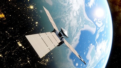 realistic satellite in orbit of the Earth, artificial satellite of telecommunications, satellite...