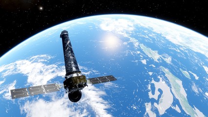 realistic satellite in orbit of the Earth, artificial satellite of telecommunications, satellite communications from Earth orbit, probe in Earth orbit 3d render