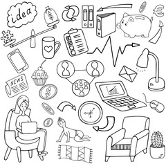 Work online. Sketch. Business collection. Set of vector elements. Outline on an isolated white background. Doodle style. Coloring book for children. Home Office. Lettering. Stay safe. Freelance. 