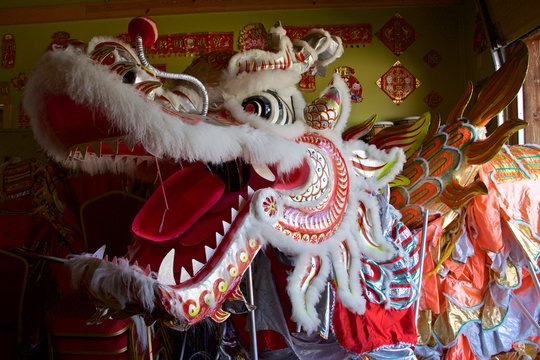 View of the details of the head of the dragon in the decoration in the interior of Fung Loy Kok International Taoist Tai Chi Centre, Orangeville, Ontario, Canada