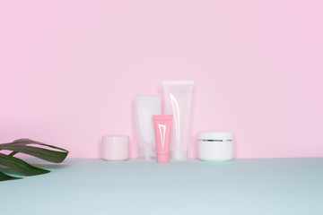 Side view on a still life. Group of empty cosmetic bottles and green monstera leaf on a bright pink and mint background. 