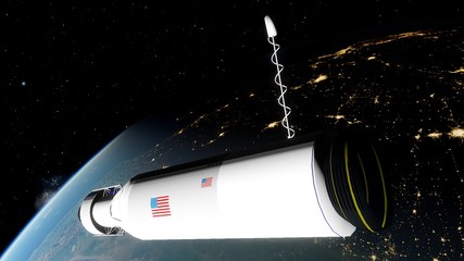 realistic satellite in orbit of the Earth, artificial satellite of telecommunications, satellite communications from Earth orbit, probe in Earth orbit 3d render