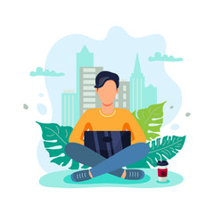 Person is sitting on urban view background and working on laptop. Flat cartoon style design. Vector illustration. Freelance, online studying concept.