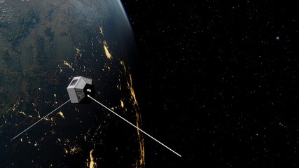 realistic satellite in orbit of the Earth, artificial satellite of telecommunications, satellite communications from Earth orbit, probe in Earth orbit 3d render