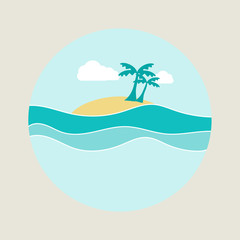 Fototapeta na wymiar Blue sea with island, clouds and coconut palm trees, vector image