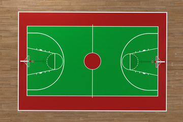 Top view of basketball court with wooden floor, 3d rendering.