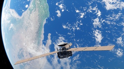 realistic satellite in orbit of the Earth, artificial satellite of telecommunications, satellite communications from Earth orbit, probe in Earth orbit 3d render