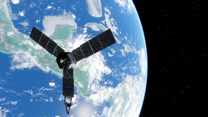 realistic satellite in orbit of the Earth, artificial satellite of telecommunications, satellite communications from Earth orbit, probe in Earth orbit 3d render