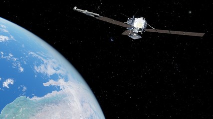 realistic satellite in orbit of the Earth, artificial satellite of telecommunications, satellite communications from Earth orbit, probe in Earth orbit 3d render