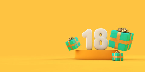 Happy 18th birthday number and gifts on a yellow podium. 3D Render