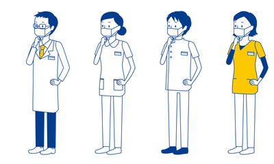 Illustration set of healthcare workers (doctors, nurses, physiotherapists, radiologists) who thinking with hands on chin