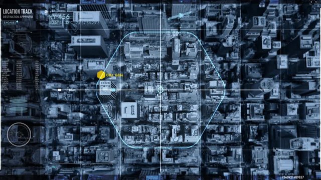 Aerial Satellite Camera View, Spy Eye. Spying on the Modern City from the Top View, New York Megapolis, Technology, Mission Impossible