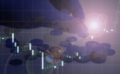 Stock market exchange analysis or forex graph business and finance money increasing, gain profit with background world map, coins and a hand put a coin on top of at the end of stages.