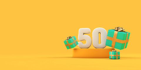 Happy 50th birthday number and gifts on a yellow podium. 3D Render